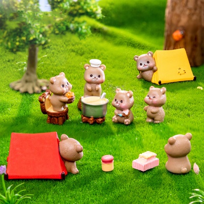 创意可爱小熊露营野餐场景小摆件帐篷野营小棕熊微景观DIY装饰配