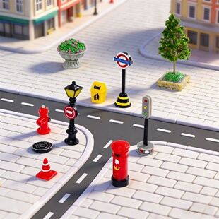 微景观小吃摊指示牌路灯邮箱消防栓垃圾桶树坛路锥花坛街景小摆件