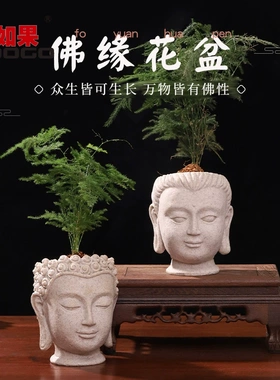 创意佛缘花盆佛头佛首禅意树脂花盆桌面装饰盆栽古风中式园艺花器