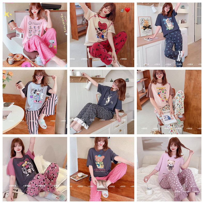 梵熙语特价春夏新款家居服女中短袖长裤卡通休闲针织全棉睡衣套装,女士内衣/男士内衣/家居服,睡衣/家居服套装,淘宝优惠券,粉丝福利购,淘宝优惠卷