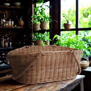 编织手提篮子藤编篮真藤编织筐复古鲜花手提花篮编织篮菜篮野餐篮