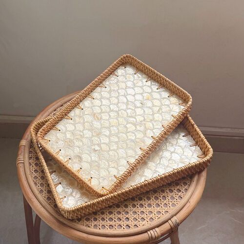 越南藤编贝壳托盘水果盘长方形托盘家用客厅餐厅轻奢收纳筐置物盘