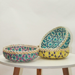 越南进口彩色天然竹编柳编艺术手编编织装饰民宿花篮收纳果盘果篮