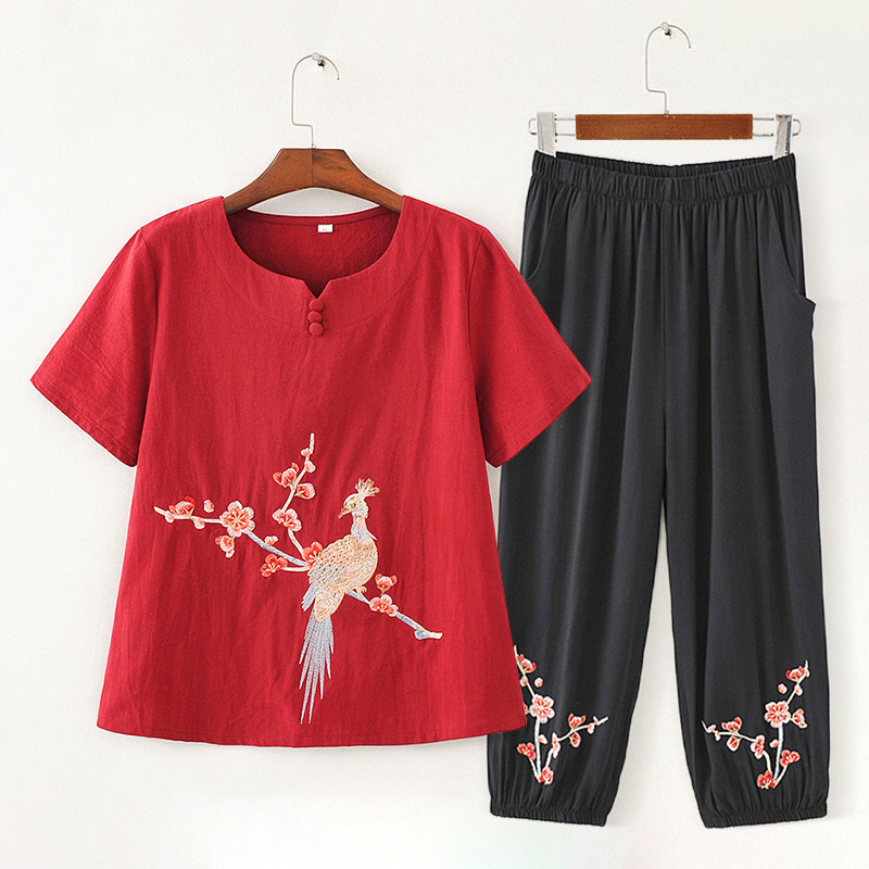 梅花刺绣中老年套装妈妈夏装短袖t恤棉麻大码宽松上衣奶奶老人