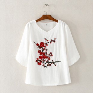 复古上衣宽松显瘦 T恤2020夏装 v领绣花棉麻T恤女短袖 民族风女装