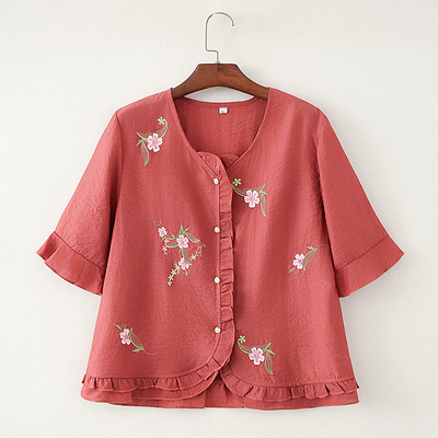 2025年新款妈妈夏装棉麻短袖刺绣宽松上衣小衫女国风T恤衬衫