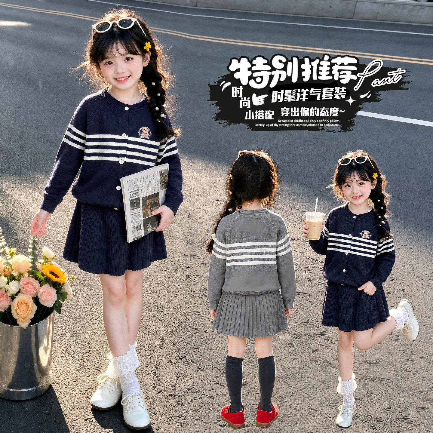 女童秋装条纹针织开衫百褶裙套装