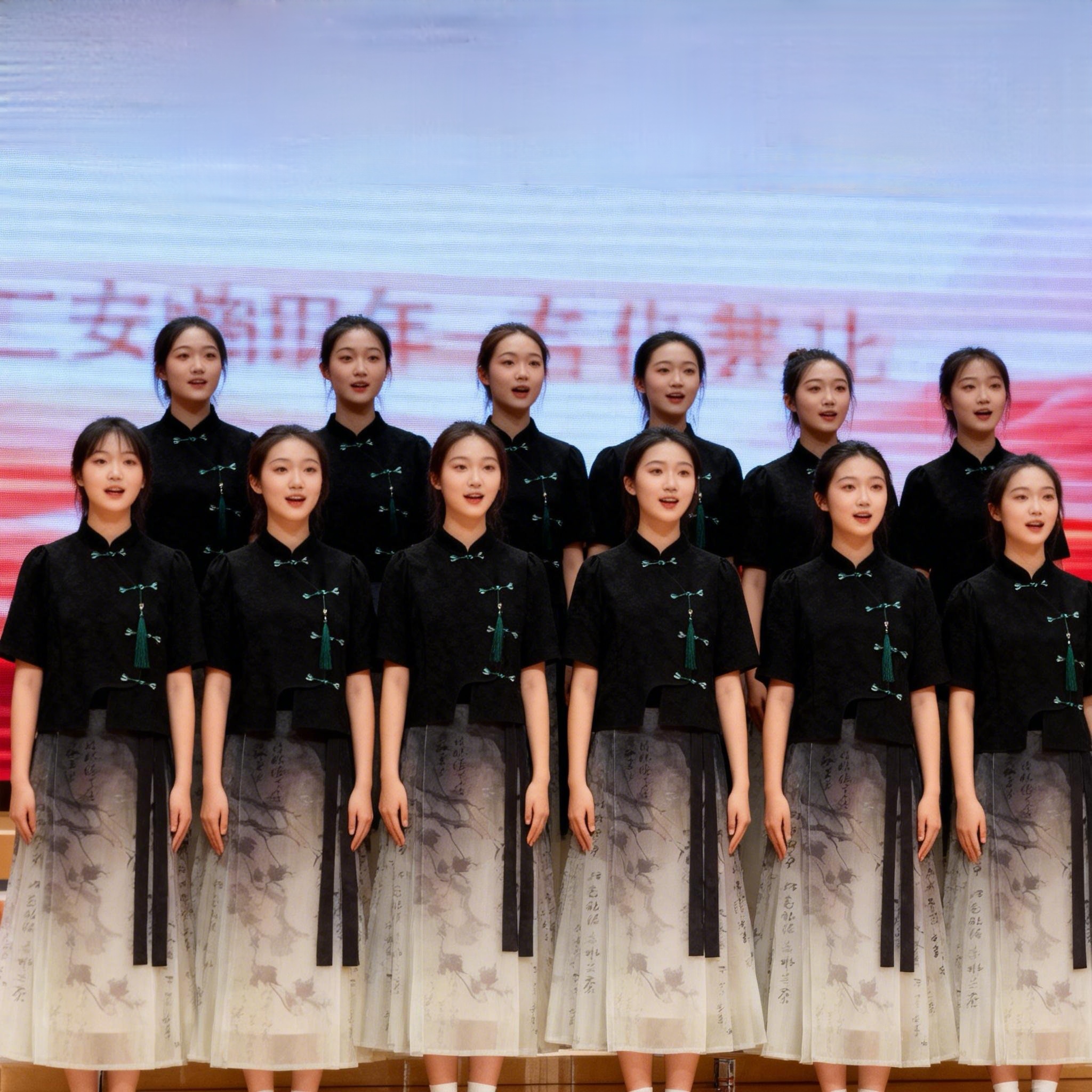 设计感小众新中式套装裙女夏盘扣黑色上衣水墨中国风半身裙两件套