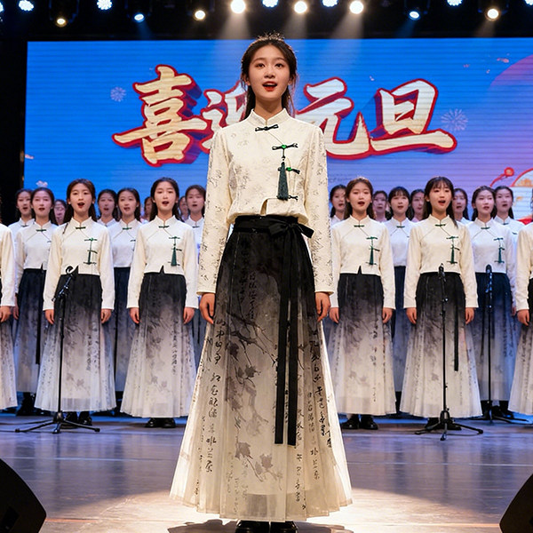 新中式套装女国风改良汉服盘扣上衣马面裙两件套学生古典舞蹈朗诵