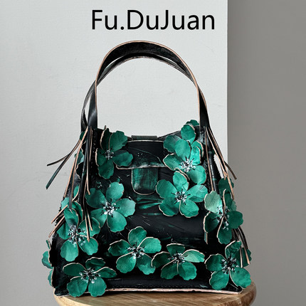 中古艺术包 古典优雅设计包 绿色花朵包包 手工包植鞣艺术 手拧包