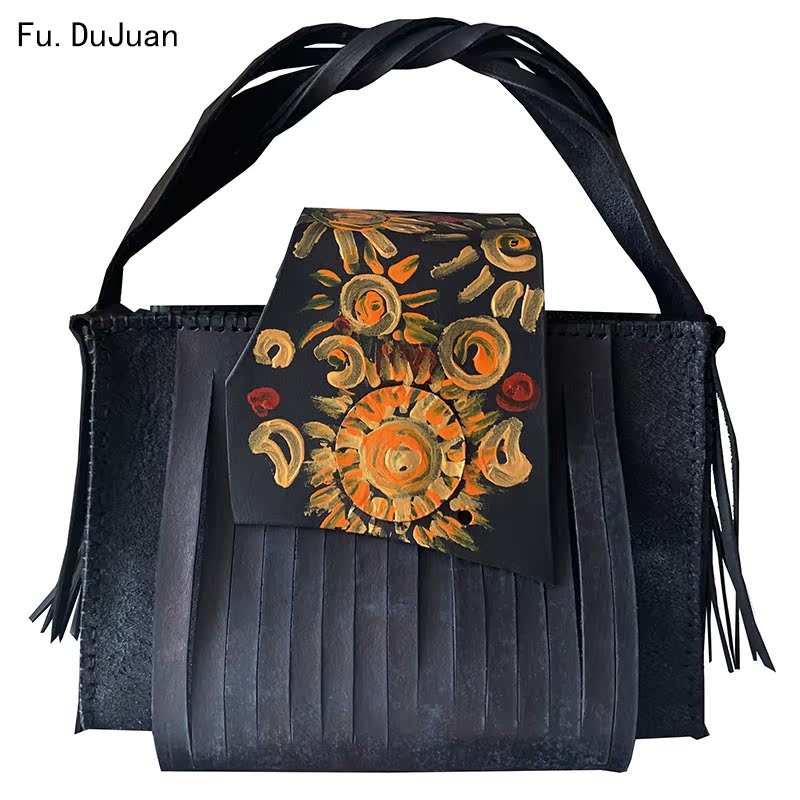 【埃及】原创包 Fu.DuJuan 手提包 流苏斜挎包 手工手绘 黑色拼接