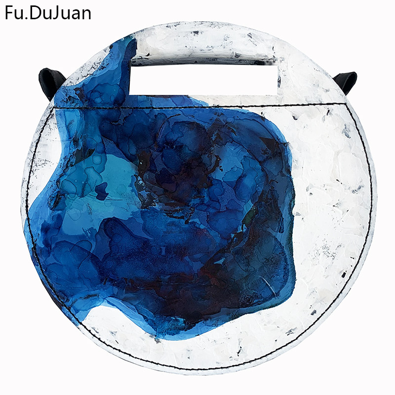 Fu.DuJuan 设计师包 冰湖蓝白 牛皮 腔调手绘艺术 圆形手提斜挎包