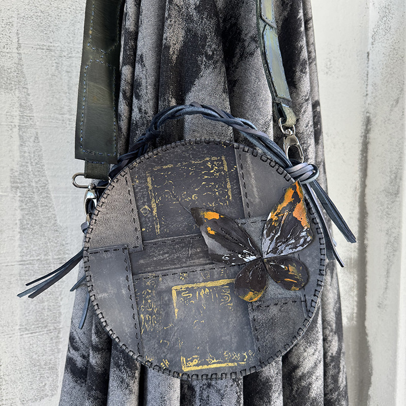 【甲骨文】复古拼接 Fu.DuJuan 怀旧蝴蝶手提包斜挎包 手工圆形包