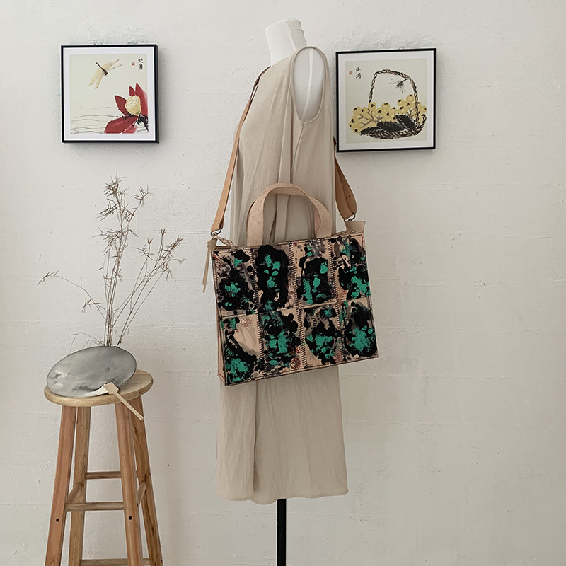 Fu.DuJuan 设计师大气公文款 水墨包  手工拼接 牛皮斜挎 手提包