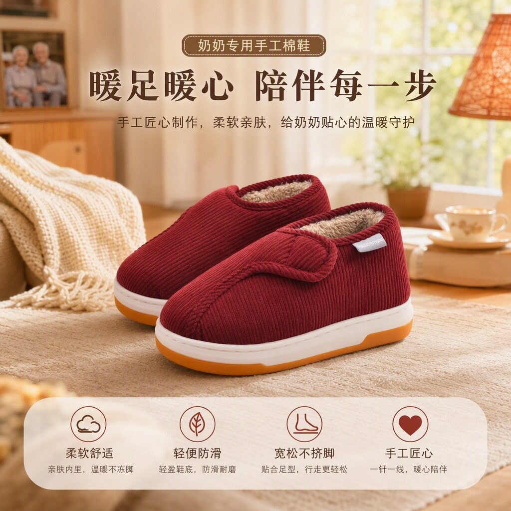 妈妈手工棉鞋女2026新款居家牛筋底防滑防摔老年人专用包跟棉拖鞋图片