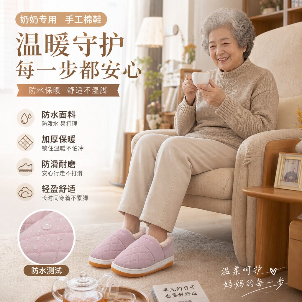 老人防水棉拖鞋女款冬季防滑防摔2026新款家居保暖包跟老年棉鞋女图片