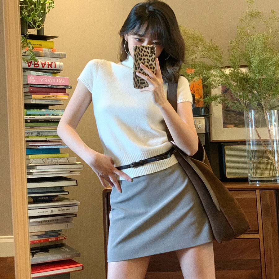 NEKODIARY丨100超细羊毛 美式复古飞袖温柔针织短袖高领毛衣上衣