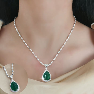 999纯银项链绿宝石女正品百搭简约锁骨链足银圆珠颈链银链子吊坠
