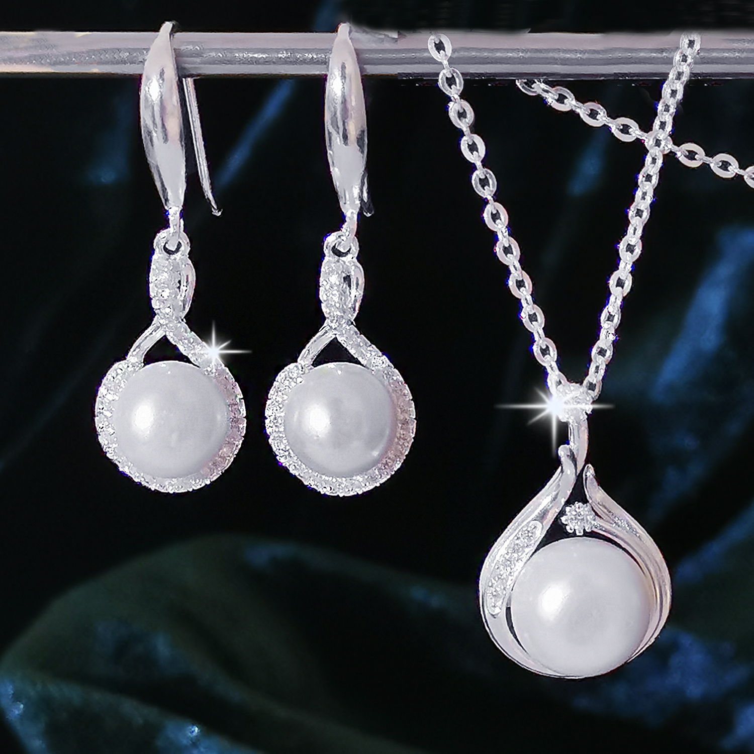 S999纯银珍珠耳环足银项链套装防过敏女气质简约百搭长款流苏耳坠