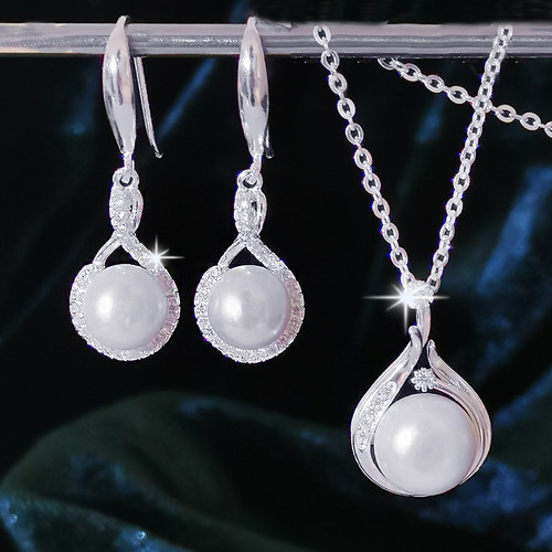 S999纯银珍珠耳环足银项链套装防过敏女气质简约百搭长款流苏耳坠