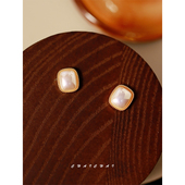 复古方形仿珍珠耳钉金色边框百搭款 清仓 幻彩光法式 925银针耳饰