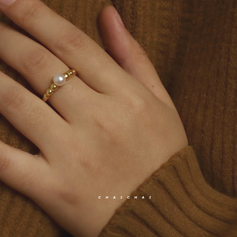 渐变纯银珍珠戒指女ins风