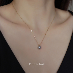 天然珍珠项链女单颗正圆强光灰色正品 真珍珠气质14k包金锁骨链