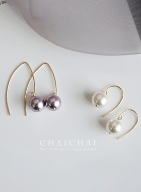 大珍珠耳环女法式耳钩不褪色优雅气质耳坠白色紫色简约风珍珠耳饰