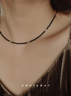 时尚气质新款黑色尖晶石项链女叠戴14k包金细款锁骨链颈链Choke