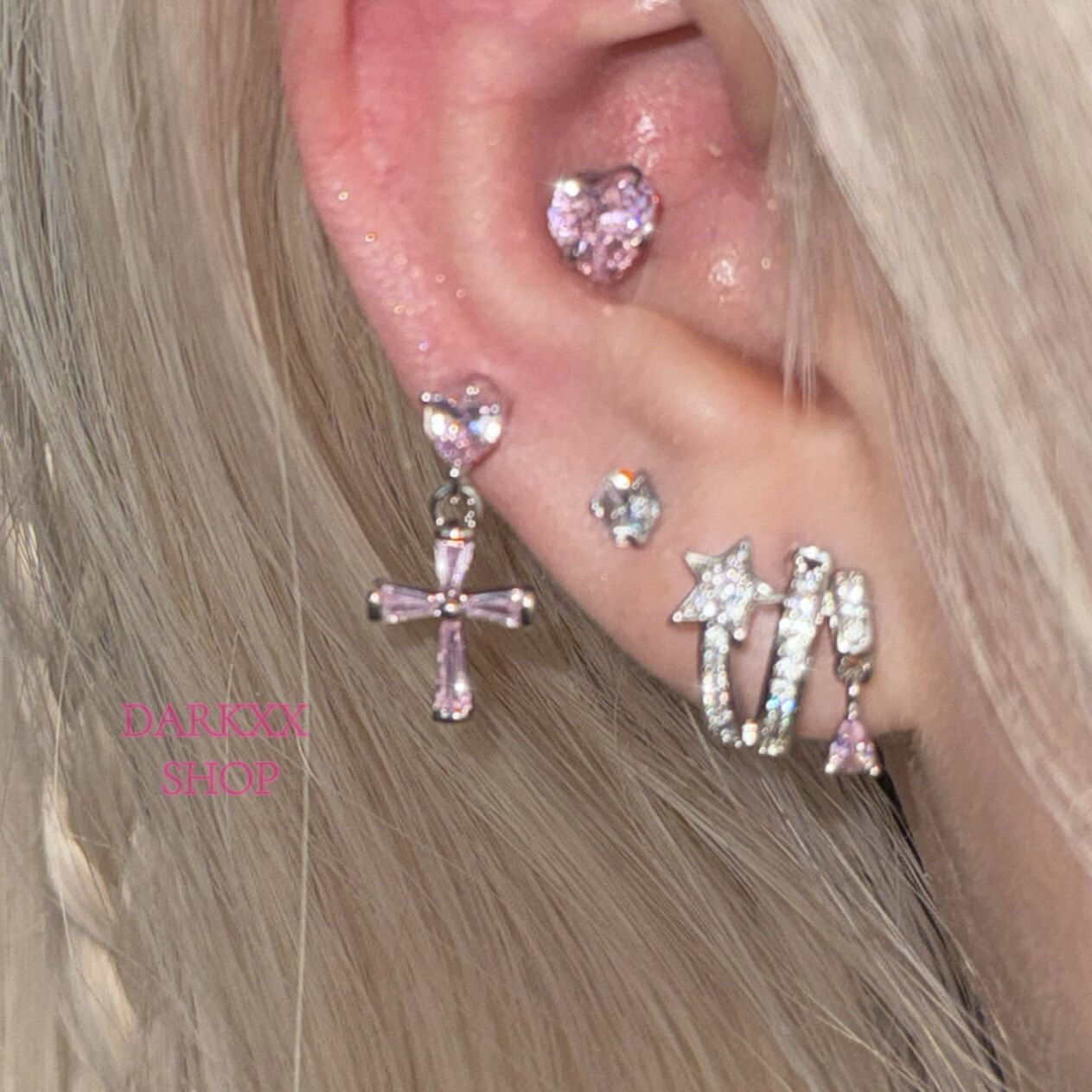 星羽花园｜日系少女风粉色十字架耳骨钉闪耀锆石星星圈耳环DARKXX