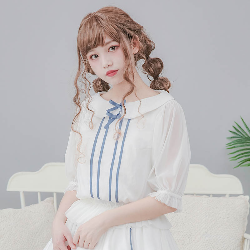 原创设计lolita网纱中袖圆领衬衫图片