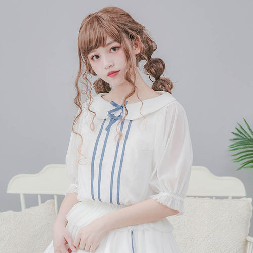 原创设计lolita网纱中袖圆领衬衫