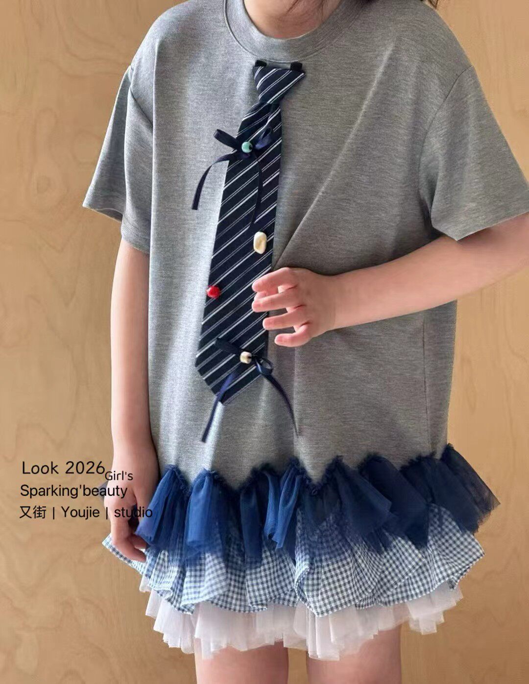 2026夏季新款儿童韩版领结蕾丝边女童中大童圆领短袖T恤连衣裙潮