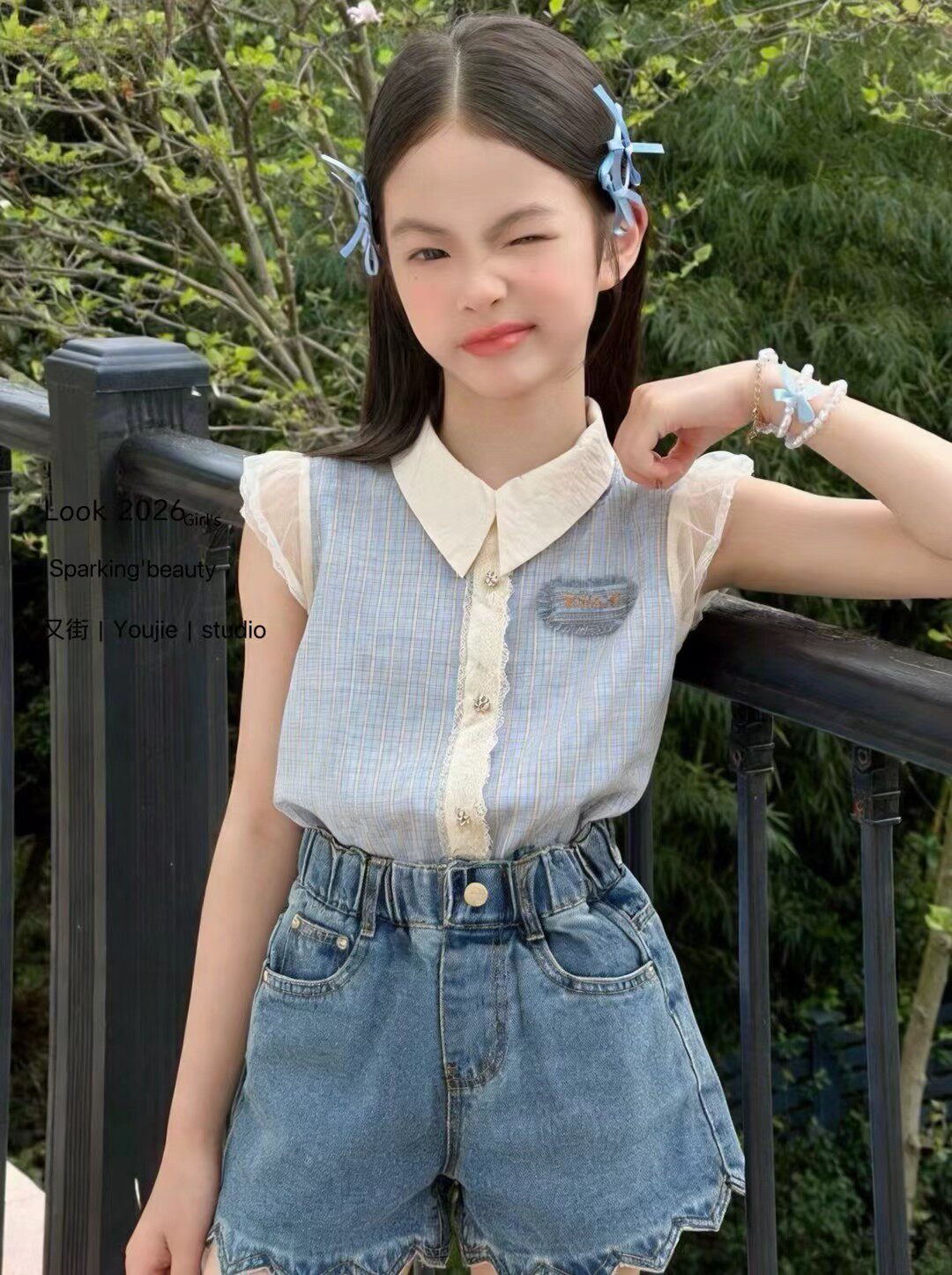 2026夏季新款儿童韩版蕾丝拼接衬衫背心上衣女童中大童潮