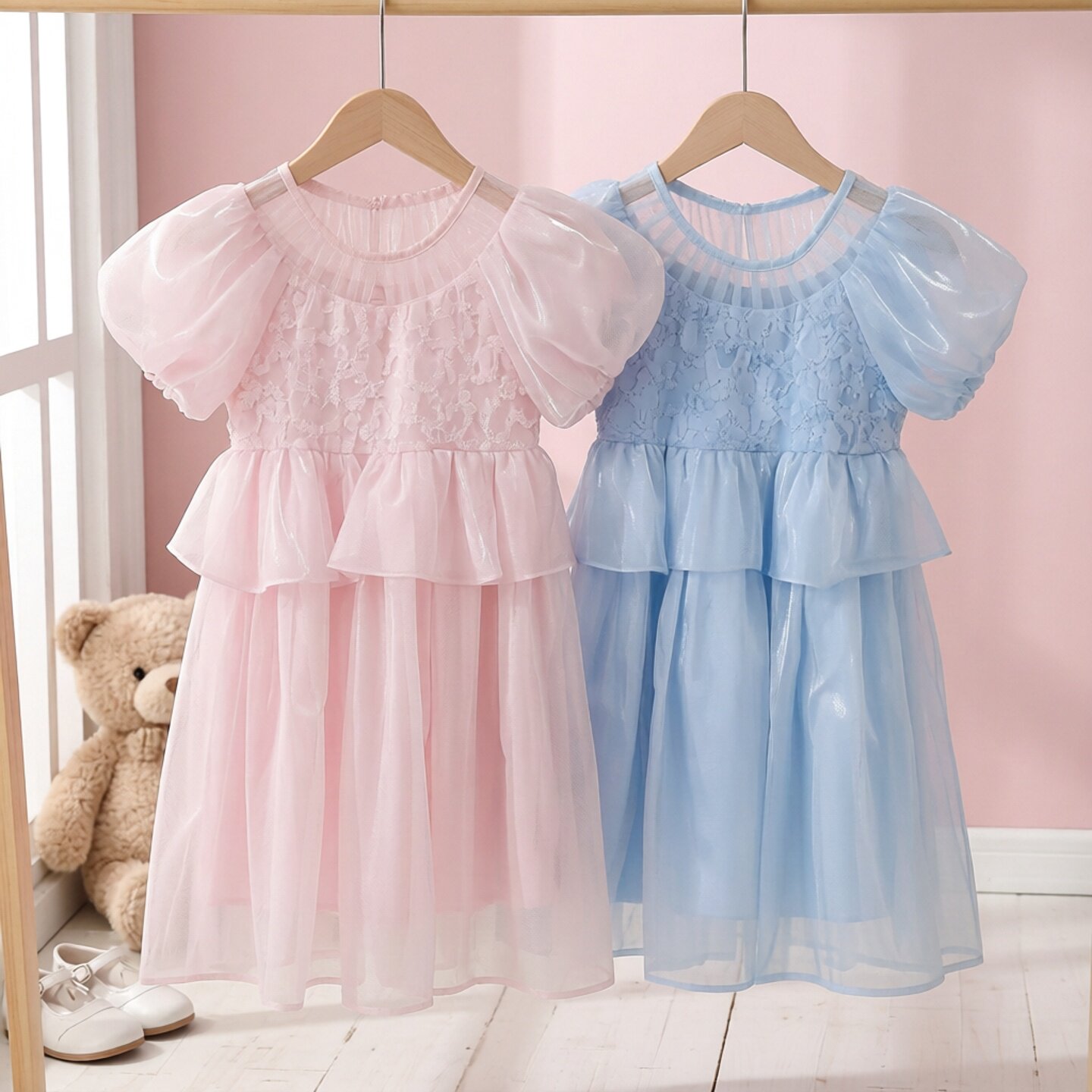 Abckids女童公主风连衣裙夏装泡泡袖蕾丝蛋糕裙儿童礼服裙