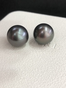 纯天然海水大溪地黑珍珠12.3Mm正圆细微对珠适合做耳钉耳环高端珠