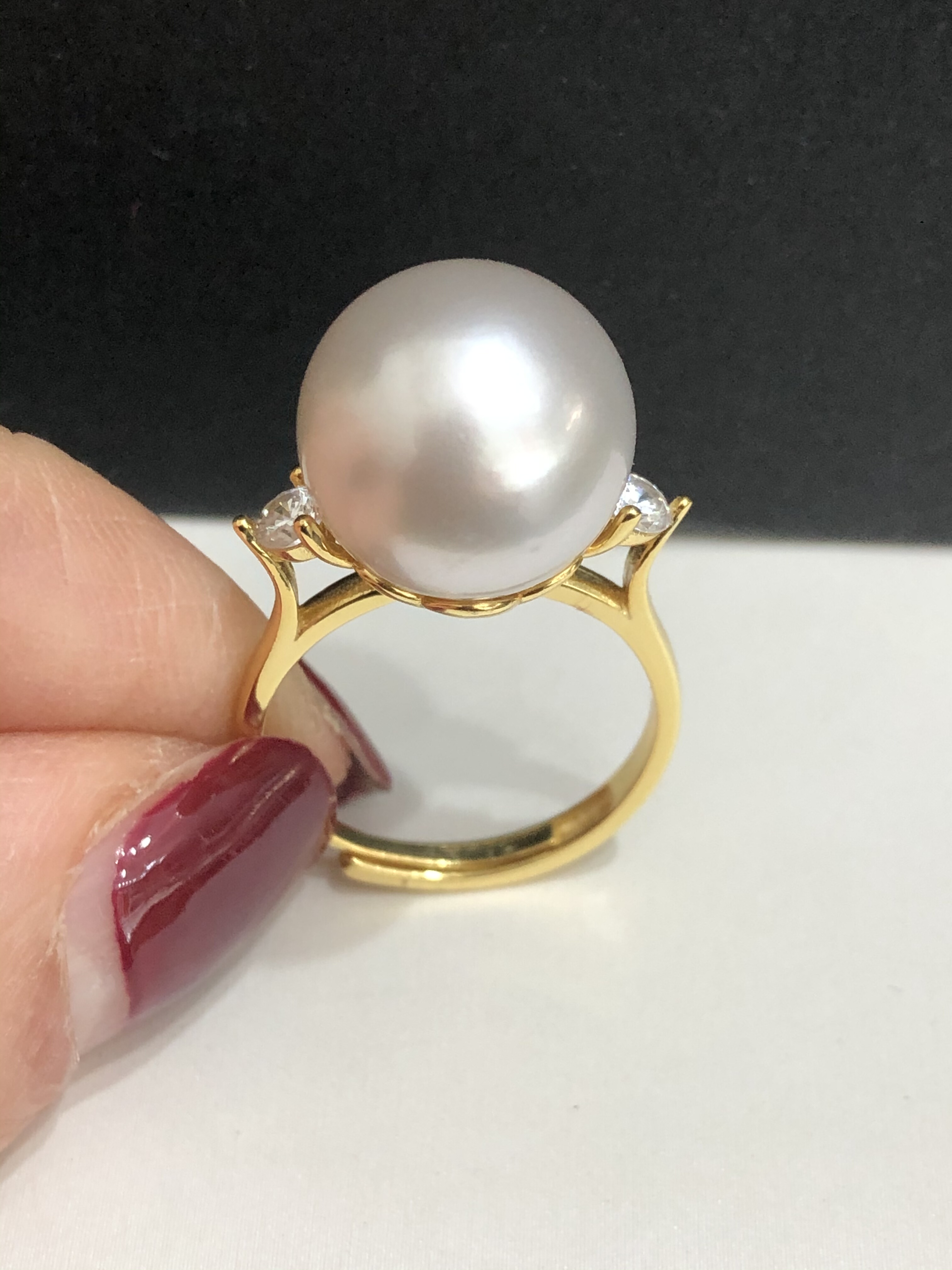 S925银镶嵌天然海水澳洲白13Mm正圆强光天然海水珍珠戒指圈口可调