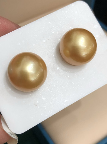 纯天然海水南洋金珠13.5Mm浓金海水正圆极细微珍珠对珠可定耳钉环