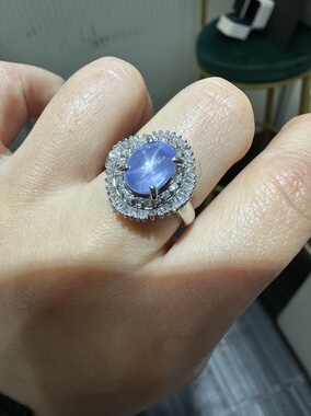 pt900厚金镶嵌天然无烧斯里兰卡3.48克拉六芒星光蓝宝石戒指含证