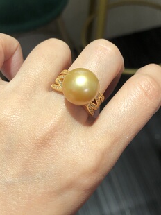 时尚字母款天然海水南洋金珠13.8Mm正圆珍珠戒指圈口可调节戒指女