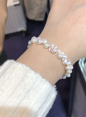 18K金镶嵌天然白色极光海水Ak珍珠5-6Mm时尚花式珍珠手链百搭手链