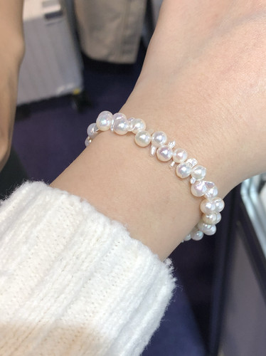 18K金镶嵌天然白色极光海水Ak珍珠5-6Mm时尚花式珍珠手链百搭手链