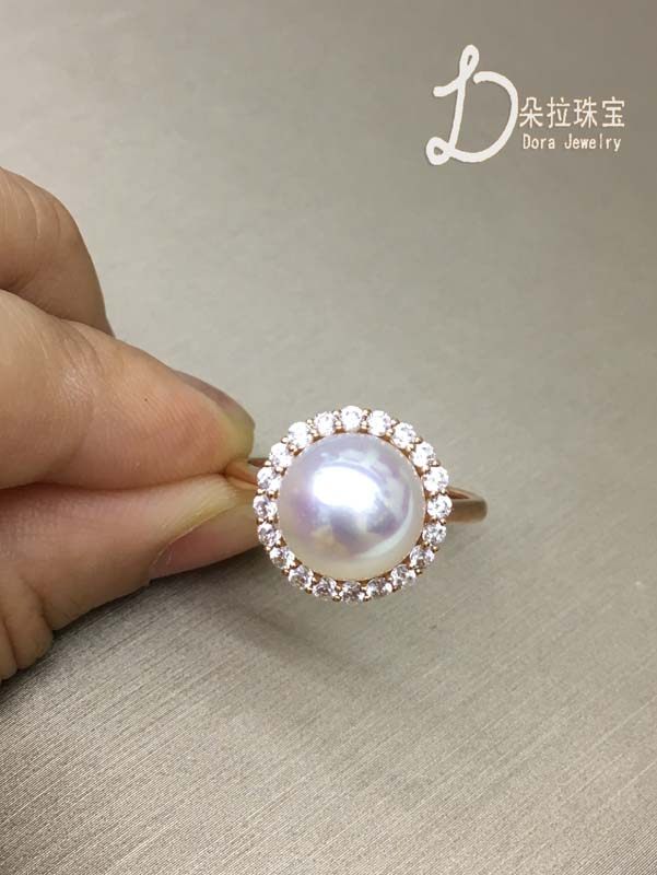 18k金镶嵌天然海水南阳白10-11mm时尚圆形珍珠戒指高大上珍珠戒指