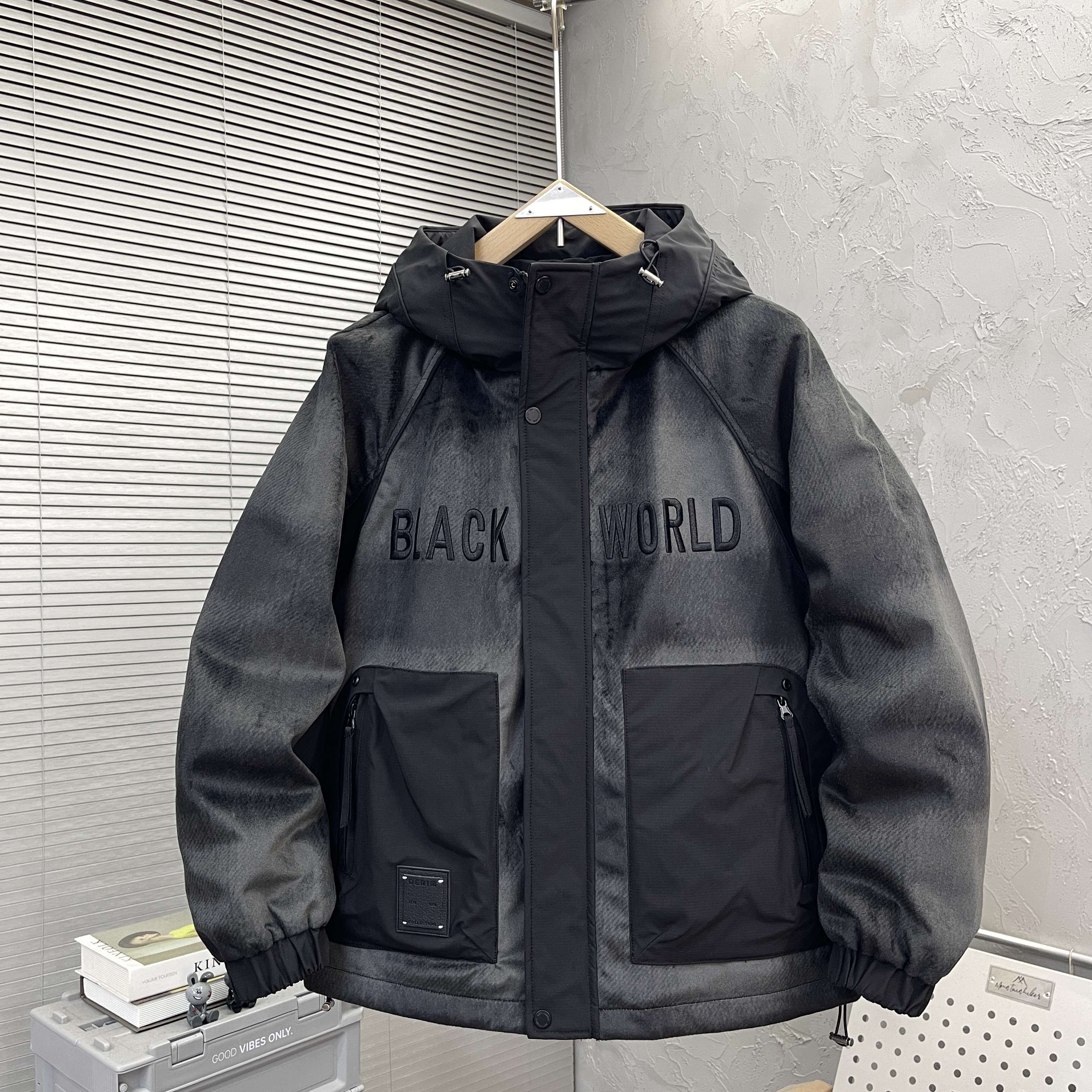 2025冬季新款潮流男士拼接棉衣外套个性时尚刺绣连帽保暖棉服夹克