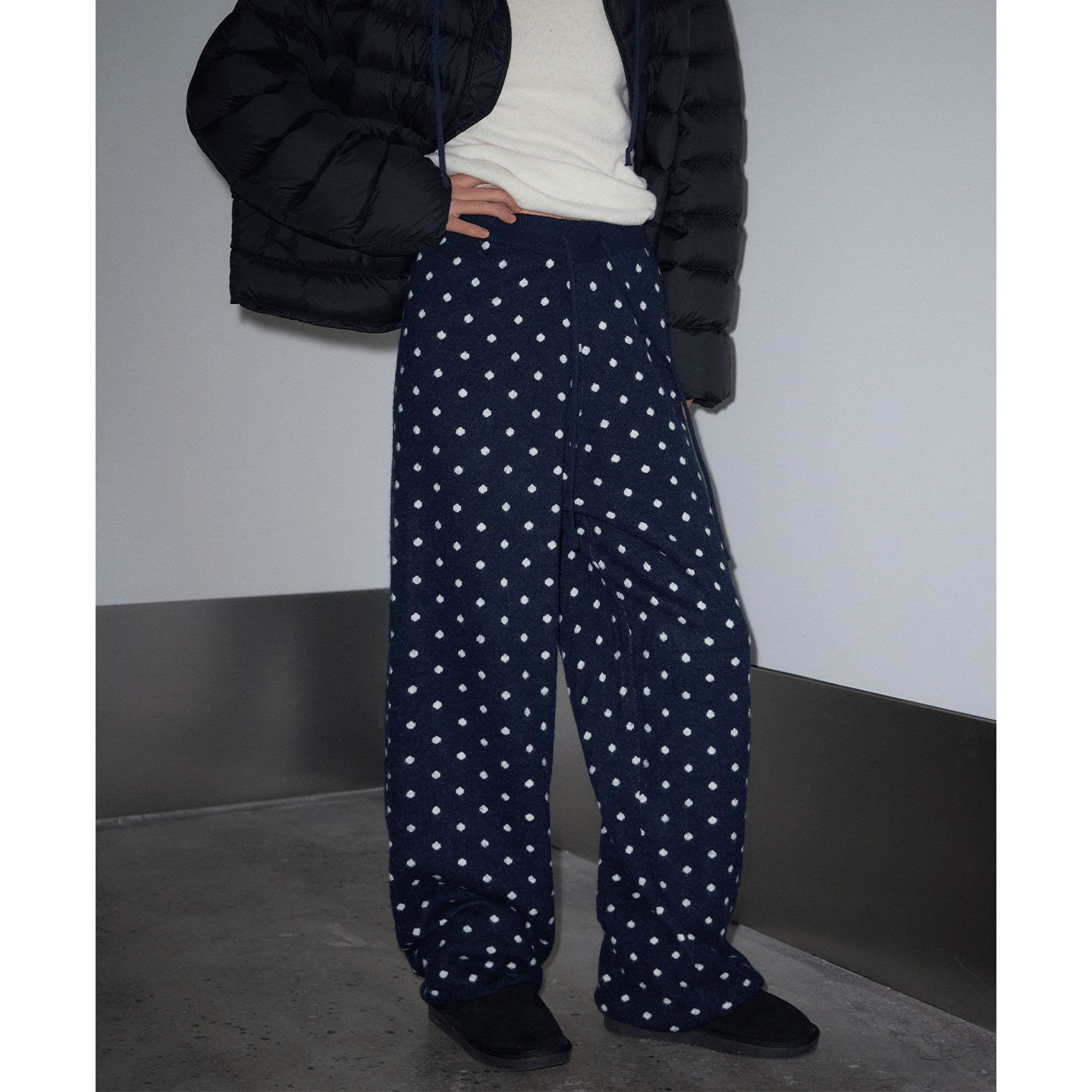 羊毛波点阔腿裤女冬复古时髦慵懒风休闲裤长裤