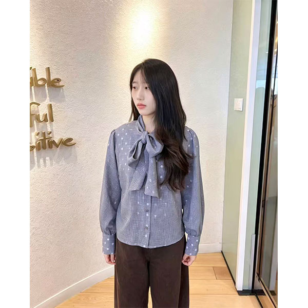 2026秋季新款法式格子蝴蝶结飘带领衬衫女长袖蓝色显瘦智性风上衣