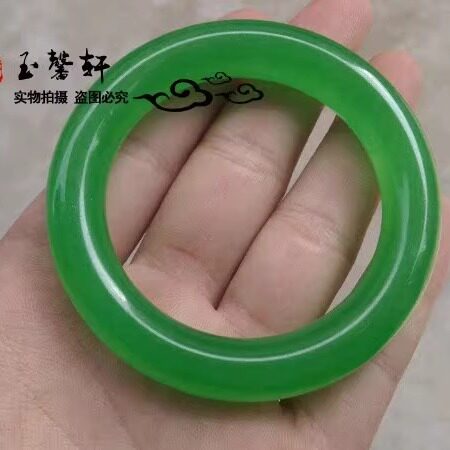 正品玉手镯女款 冰种碧绿细圆条玉石手镯 满绿石英岩质玉镯子包邮