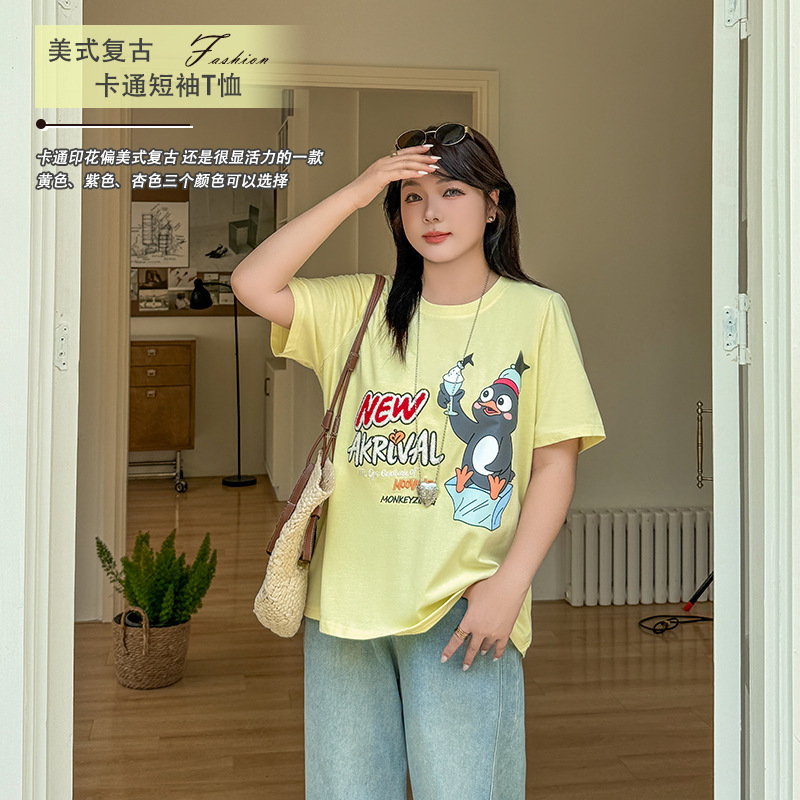2025夏季新款卡通印花减龄大码女装200斤胖mm宽松休闲短袖上衣女