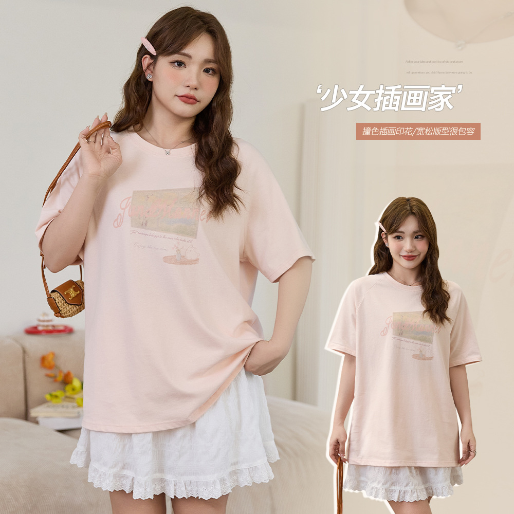 大码女装夏季短袖T恤女胖mm显瘦印花宽松遮肚大版插肩袖纯棉上衣