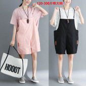 300斤两件套装 套装 韩版 T恤背带裤 宽松显瘦条纹短袖 加肥大码